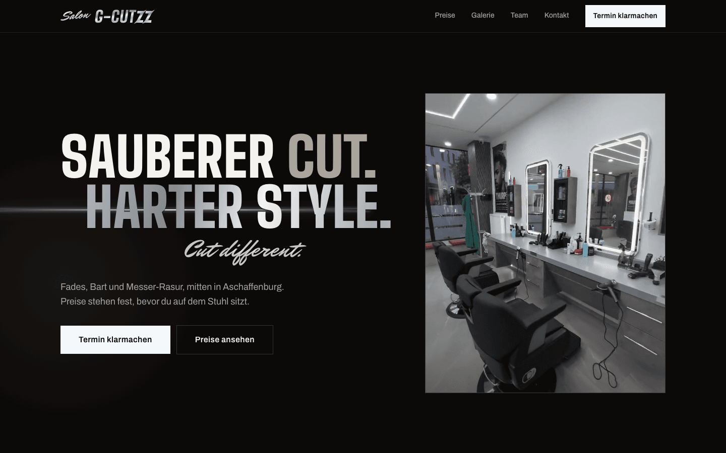 Startseite der Salon G-Cutzz Website mit dunklem Design und der Headline Sauberer Cut. Harter Style.